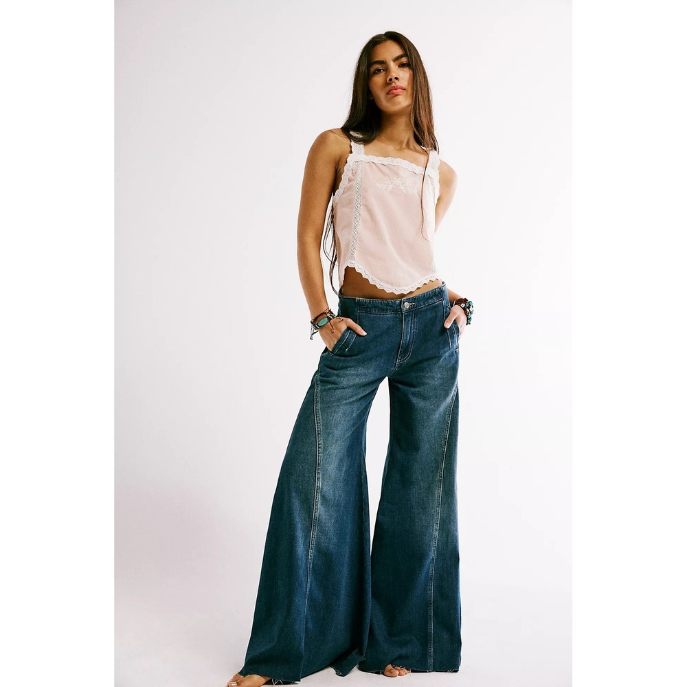 Free People Chase The Sun Jeans Size 28 Blue High Rise Wide Leg Raw Hem Palazzo